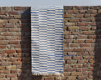 Wool / Cotton Runner Light Blue & white Modern Stripes  Flat weave Hand woven Rug Kilim - Reversible Runner Rug