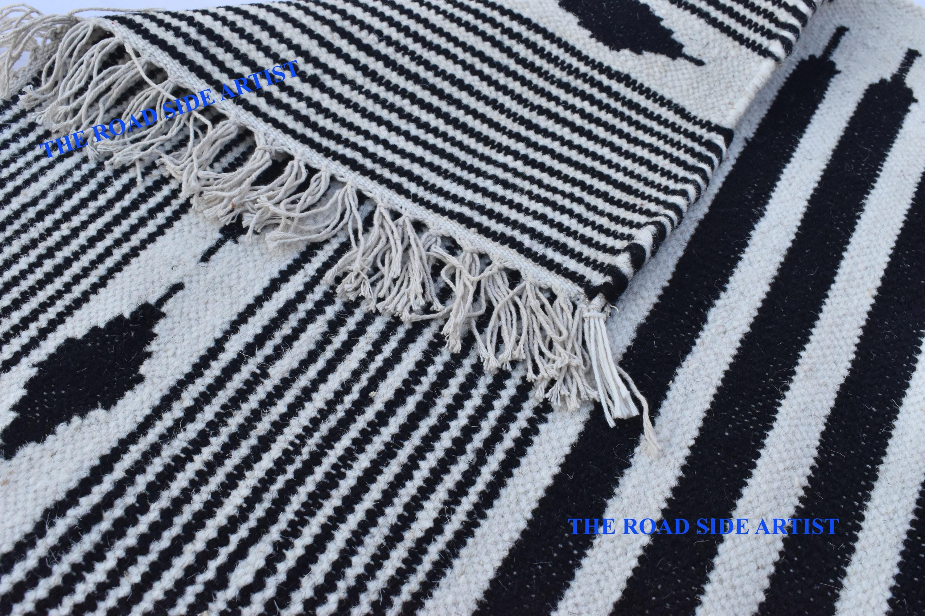 New Zealand Wool White and Black Modern Stripes Flat Weave Hand 