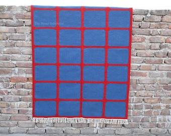 Handmade Wool Kilim Rug – Blue and Red Modern Stripes