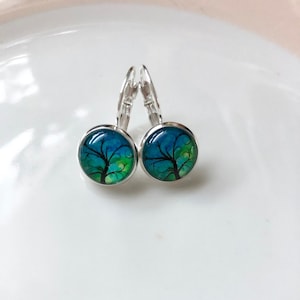 Tree earrings in green blue silver