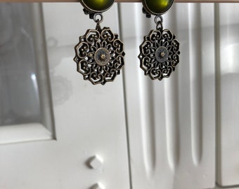 Flower ear clips bronze olive green