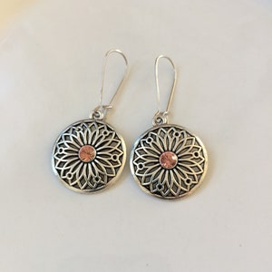 Ornamental earrings, silver and pink