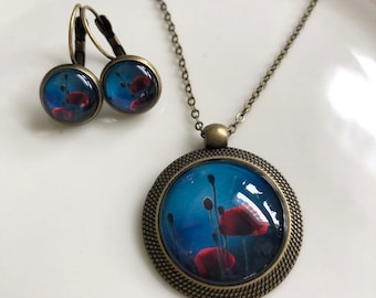 Mohnblüten Schmuckset  Halskette Ohrringe bronze blau rot