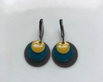 delicate enamel earrings in bronze, petrol, and yellow