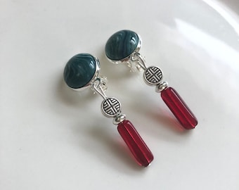 interesting ear CLIPS silver petrol red