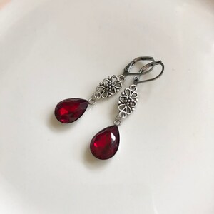 festive drop earrings, silver, dark red
