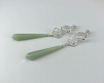 long drop EAR CLIPS silver light green