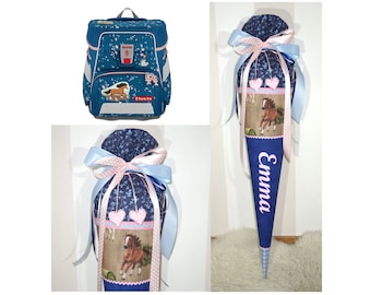 School bag horse including name and heart pendants, school bag fabric horse with name