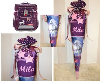 Unicorn school cone including name and star pendants, fabric school cone with name