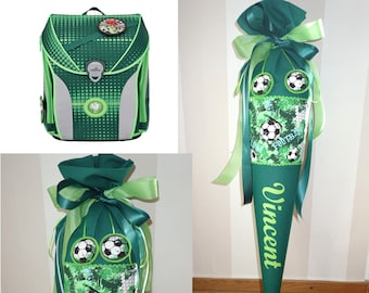 Green football-themed school cone including name and football charms, fabric school cone with name