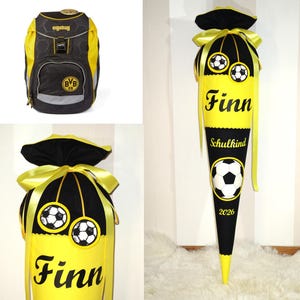 Schultüte Fußball schwarz, gelb inkl. Namen und Fußballanhänger, Schultüte Stoff mit Namen