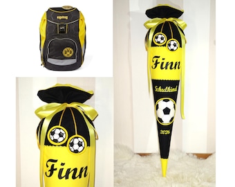 School cone with football design, black and yellow, including name and football charm; fabric school cone with name
