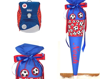 School cone football blue red, including name and football pendant, school cone fabric with name