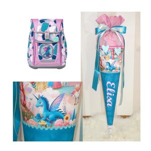 Pink dragon-themed school cone with name and charms; fabric school cone with name