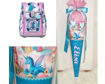 Pink dragon-themed school cone with name and charms; fabric school cone with name