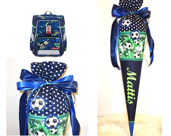 Football school bag including names and football tags, dark blue, green, royal blue