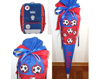 Schultüte Fußball blau rot, inkl. Namen und Fußballanhänger, Schultüte Stoff mit Namen
