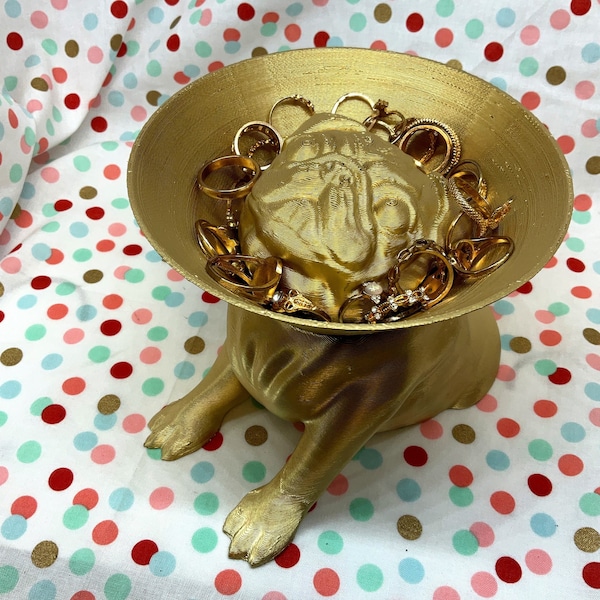 Pug Trinket Dish! "Cone Recovery Collar" Bowl for Jewelry, Storage, Wedding Rings, Catchall, Valentines Gift! Gold/Artistic Dog/Puppy-Theme!