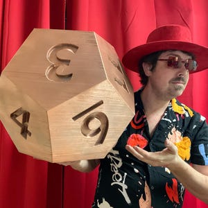 May include: A large, copper-coloured, twenty-sided die with carved numbers. The die is held in front of a red curtain. The numbers 3, 4, and 9 are visible. A unique item for tabletop gaming.
