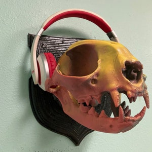 May include: A painted animal skull with red and yellow paint, mounted on a black wall mount. A pair of white and red headphones are hanging on the skull.