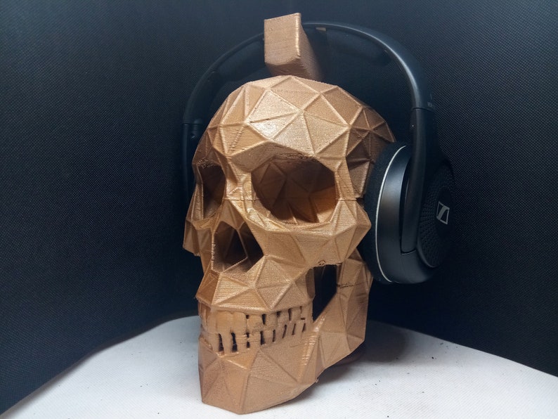 Soporte para auriculares de calavera geométrica Soporte para auriculares, colgante dorado brillante, juego de busto/Hip Hop/grabación Beat Home/escritorio de productor/juegos. imagen 3