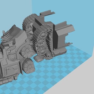 May include: A gray 3D printed model of a futuristic vehicle with a large cab and a tracked chassis. The model is designed with intricate details and appears to be a toy or collectible.