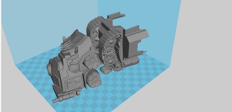 May include: A gray 3D printed model of a futuristic vehicle with a large cab and a tracked chassis. The model is designed with intricate details and appears to be a toy or collectible.
