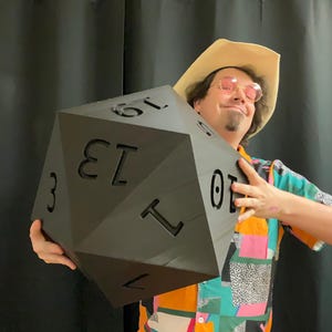 Pu&ograve; includere: Un grande dado nero a venti facce con numeri bianchi. Il dado &egrave; tenuto da una persona che indossa un cappello da cowboy e una camicia colorata. I numeri 1, 3, 7, 10, 13 e 19 sono visibili sul dado.