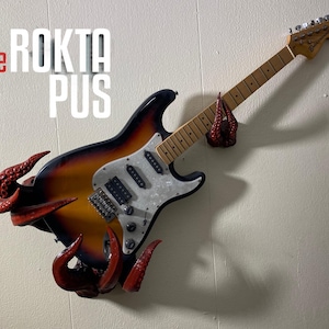 Röd Rocktapus gitarrvägghängare | Bläckfiskgitarrmontering | Väggkonst gitarrdisplay | Unik gitarrhållare | Musikrumsdekor