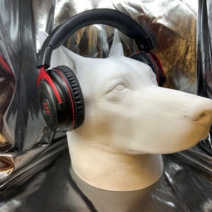 Könnte beinhalten: Schwarze und rote Over-Ear-Kopfhörer auf einem weißen Gips-Hundekopfmodell. Die Kopfhörer befinden sich auf dem Kopf des Hundes.