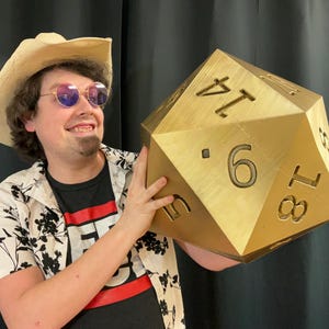 Pu&ograve; includere: Un grande dado a venti facce color oro, con numeri incisi su ogni faccia. Il dado &egrave; tenuto da una persona che indossa un cappello di paglia, occhiali da sole e una camicia floreale. Il dado &egrave; un oggetto di scena per i giochi di ruolo.