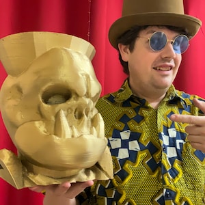 Gold Ork Skull Wastebasket for Grocery Bags - Fantasy Trash Can, Unique Home Decor, Orc Head Design, Fun and Functional Garbage Bin