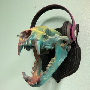 May include: A turquoise, yellow, and orange animal skull with a purple pair of headphones on its head. The skull is mounted on a black wall mount.