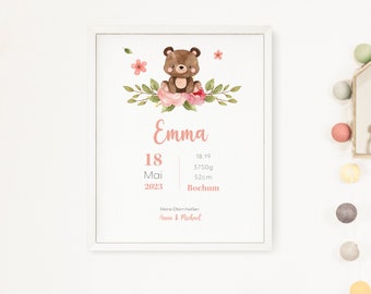 Geburtsposter Bär • Baby Poster • Personalisiert • Floral • Baby • Geburt • Geburtsgeschenk • Kinderzimmer
