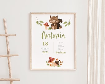 Birth Poster Squirrel • Baby Poster • Personalized • Floral • Baby • Birth • Birth Gift • Nursery