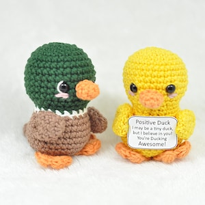 Op de afbeelding: Twee handgemaakte gehaakte eendenbeeldjes. Eén is groen, bruin en oranje, de andere is geel en oranje. De gele eend houdt een bord vast met de tekst "Positive Duck...You're Ducking Awesome!" Deze schattige eenden zijn perfect voor een kinderkamer of als cadeau.