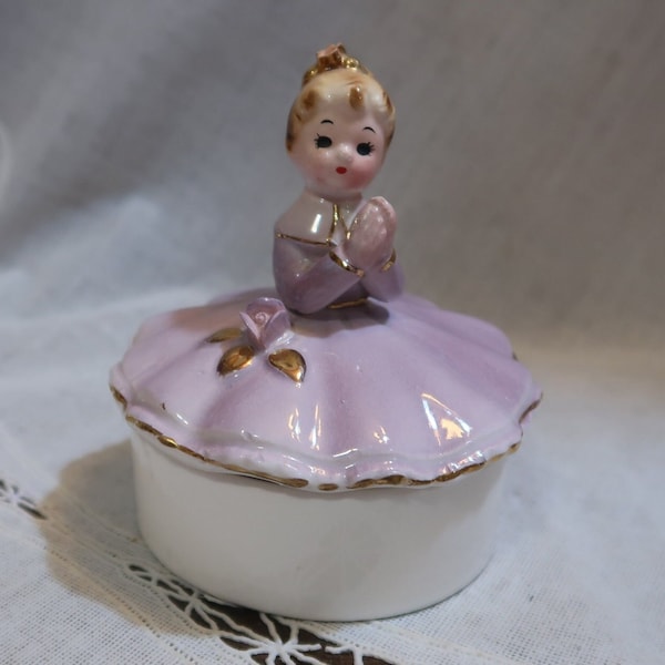 Hard to Find Vintage Josef Originals Trinket Box Girl in Lavender Dress Wide White Collar Gold Trim Lavender/Pink Rose Gold Spaghetti