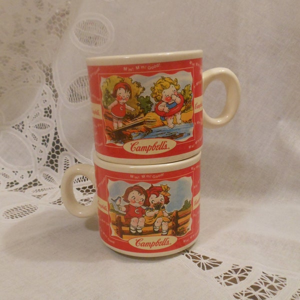 Vintage Campbell's Soup Mugs / Cups Campbell's Kids Boy & Girl Eating Soup Orange Hair Red Rosy Cheeks 1998