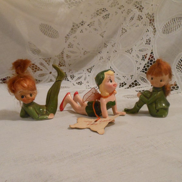 3 Little Vintage Elf Fairy Pixie Kreiss Napco Japan Green Outfits Green Leaf Hat Red Shoes Red Hair Gold Hair Original Hang Tag 1950s