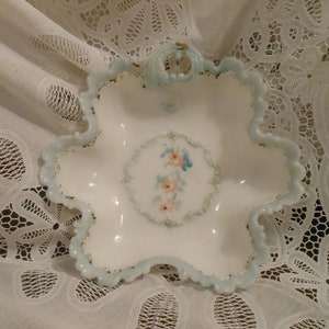 Antique c1862 Dithridge & Sons Versailles Opaline Milk Glass Ruffled Bowl EPGA Enamel Blue Scrolling Pink Salmon Flowers Teal Leaves #192