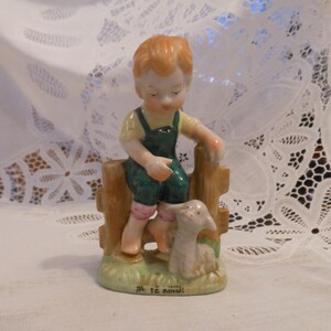 Vintage Be Ye Kind! Figurine Blonde Boy Sitting on Fence With His Lamb Japan