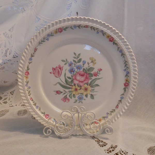 Vintage Harker Royal Gadroon Dinner Plate Bouquet Pink/Yellow Tulip Pink Rose Yellow Blue Blowers Gadroon Edge Flower Chain Edge