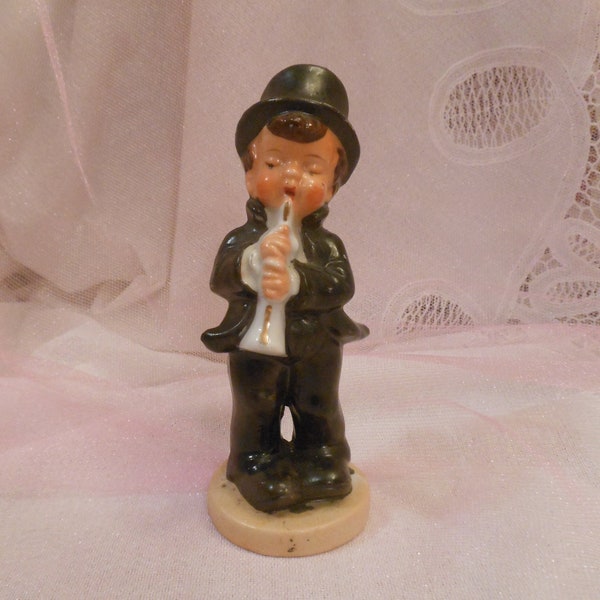 Hard to Find Vintage Adorable Little Boy in Black Top Hat & Black Suit Playing An Instrument