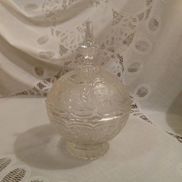 Heavy Vintage Frosted Lead Crystal Covered Compote w/ Steeple Finial Round w/ Laying Flower Pillar Candle Holder