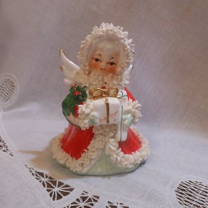 Vintage Napco Ceramic Lady Woman Planter Green Dress Red Coat w/ Hood White Spaghetti Trim Green Merry Christmas Wreath Gifts S1700R