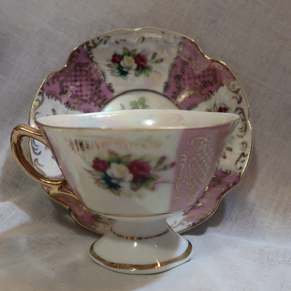 Lovely Iridescent Vintage Lusterware Cup & Saucer Lavender Panel Pink Rose Bouquets Gold Filigree Foot Cup Scalloped Rims Gold Handle C-156