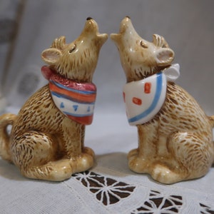 Vintage Otagiri Southwestern Howling Coyote Salt & Pepper Set Wolf Red White Blue Orange Kerchief