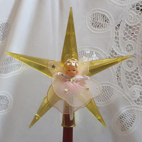 Sweet Vintage 6-7/8" Jewelbrite Gold Plastic Star Tree Topper Angel Pink Chiffon Wings Robe Foil Stars Flower Lace Halo Blond Pipe Cleaner