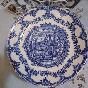 Beautiful Vintage English Ironstone Tableware LTD Cup Saucer Waddesoon Manor Buckinghamshire Scene Cobalt Blue Staffordshire England EIT33