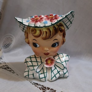 Collectible Vintage Lefton Miss Dainty Head Vase Big Innocent Eyes Green Bow White & Green Checked Hat Flowers Pink Blue Flowers Blonde 1956